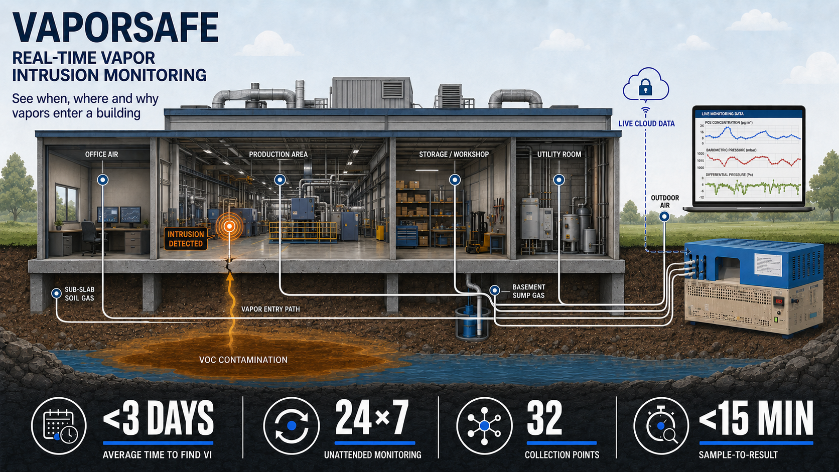 VaporSafe monitort dampintrusie en VOC-concentraties op meerdere meetpunten in een industrieel gebouw